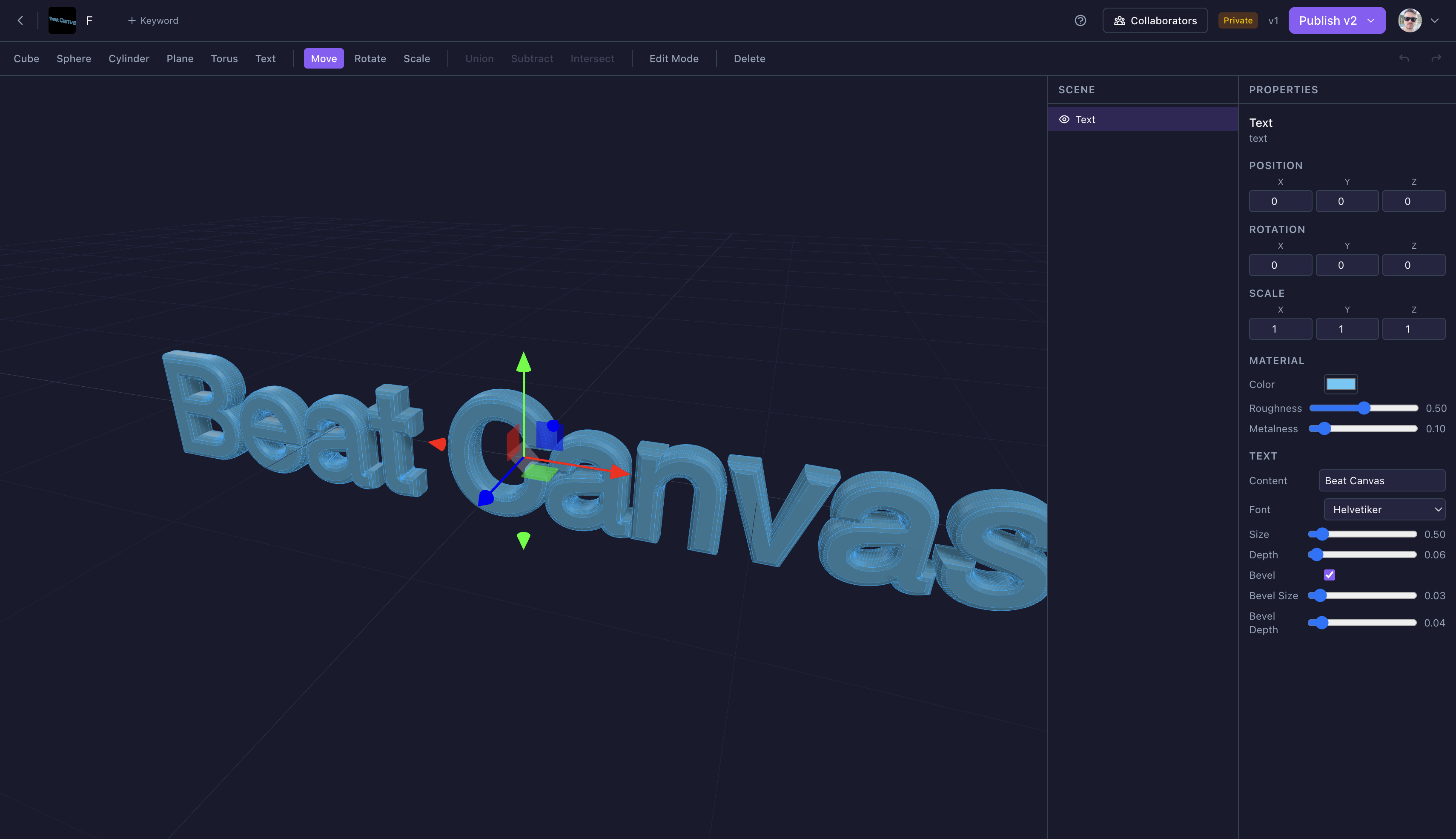 BeatModeler 3D editor with viewport, scene panel, and material controls